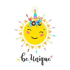 Magic Unicorn Little Cute Smiling Sun with Unicorn Horn and Flower Crown and 
