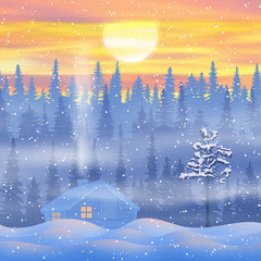 Fototapeta na wymiar Fantasy on the theme of the winter landscape. The sun sets behind the trees. Forest and small hut, snowfall. Vector illustration, EPS10