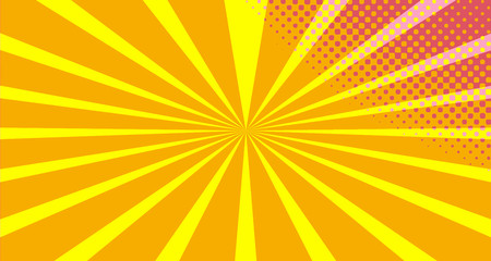 Fototapeta premium Vintage colorful comic book background. Orange Pink blank bubbles of different shapes. Rays, radial, halftone, dotted effects. For sale banner empty Place for text 1960s. Copy space vector eps10.