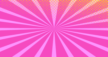 Obraz premium Vintage colorful comic book background. Orange Pink blank bubbles of different shapes. Rays, radial, halftone, dotted effects. For sale banner empty Place for text 1960s. Copy space vector eps10.