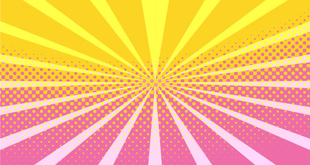 Vintage colorful comic book background. Orange Pink blank bubbles of different shapes. Rays, radial, halftone, dotted effects. For sale banner empty Place for text 1960s. Copy space vector eps10.