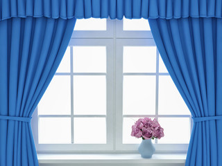 Window with blue curtains and roses. 3d render