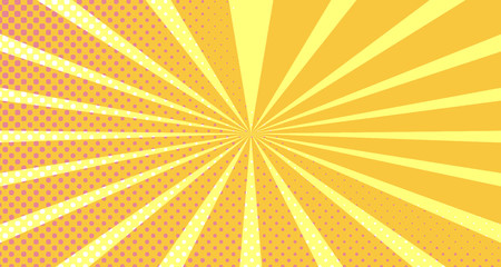 Vintage colorful comic book background. Orange Pink blank bubbles of different shapes. Rays, radial, halftone, dotted effects. For sale banner empty Place for text 1960s. Copy space vector eps10.