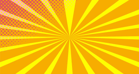 Vintage colorful comic book background. Orange Pink blank bubbles of different shapes. Rays, radial, halftone, dotted effects. For sale banner empty Place for text 1960s. Copy space vector eps10.