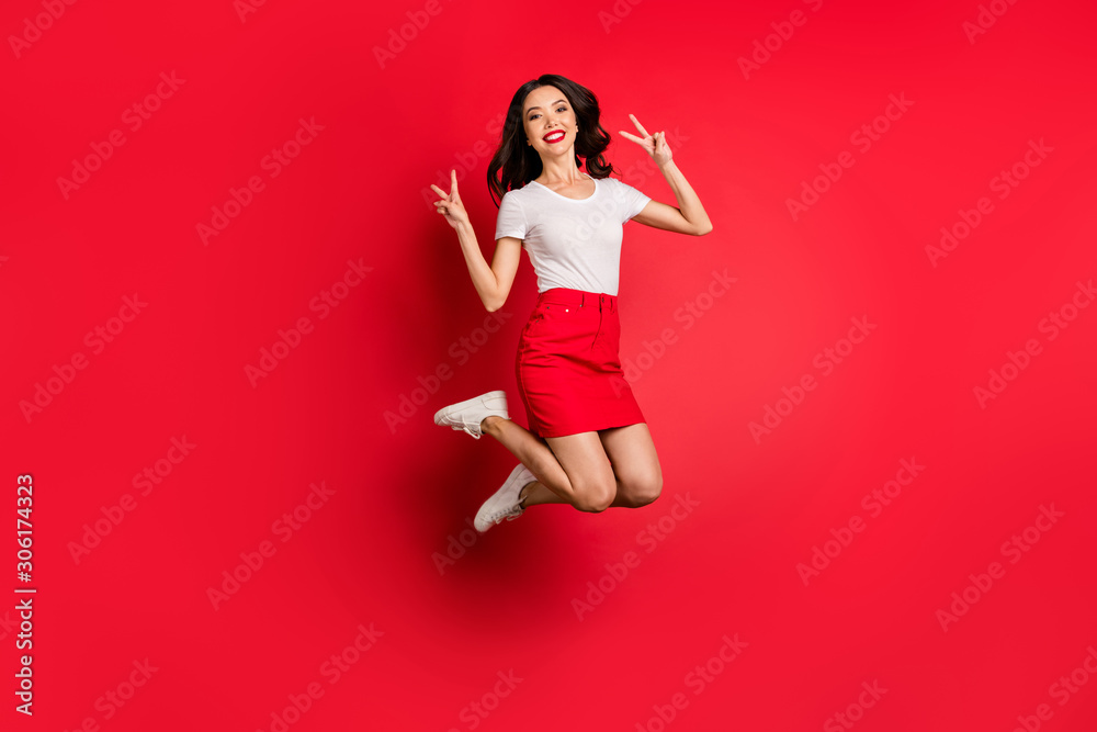 Sticker full length body size view of nice attractive lovely cheerful cheery slim fit thin wavy-haired girl 