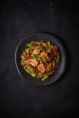 Stir fried noodles with shrimps and vegetables..