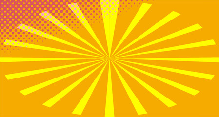 Fototapeta premium Vintage colorful comic book background. Orange Pink blank bubbles of different shapes. Rays, radial, halftone, dotted effects. For sale banner empty Place for text 1960s. Copy space vector eps10.