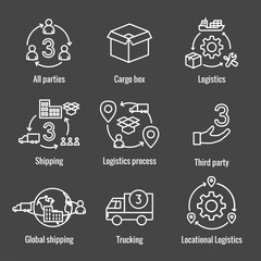 Logistics icon set with buildings, trucking, people & shipping box