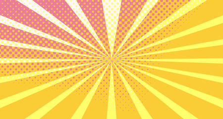 Fototapeta premium Vintage colorful comic book background. Orange Pink blank bubbles of different shapes. Rays, radial, halftone, dotted effects. For sale banner empty Place for text 1960s. Copy space vector eps10.