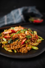 Stir fried noodles with shrimps and vegetables..