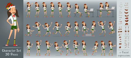 Cartoon flat cute funny christmas girl character in green costume and santa claus elf hat. 30 different poses and face expressions. Isolated on white background. New Year big vector icon set.