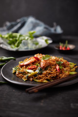 Stir fried noodles with shrimps and vegetables..