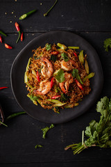 Stir fried noodles with shrimps and vegetables..