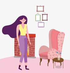 Woman cartoon in home room vector design