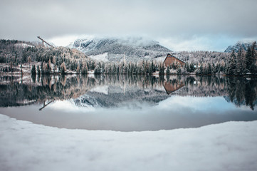First snow at Strbske pleso, Slovakia. Winter nature, Christmas Wallpaper
