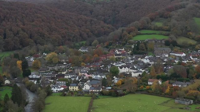 Aerial orbit of Dulverton, the small tourist town located on the River Barle on the edge of Exmoor, UK.