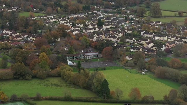 Aerial view of Dulverton junior school, located on the River Barle on the edge of Exmoor, UK.
