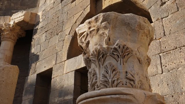 Slow motion shot, ancient monument in the Bosra Amphitheater in Syria Jordan.