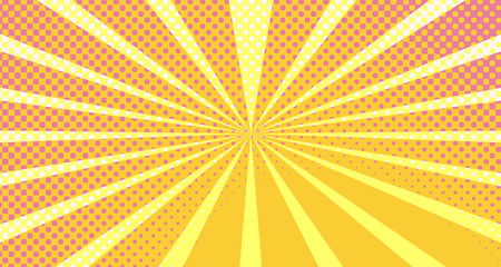Fototapeta premium Vintage colorful comic book background. Orange Pink blank bubbles of different shapes. Rays, radial, halftone, dotted effects. For sale banner empty Place for text 1960s. Copy space vector eps10.