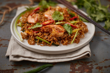 Stir fried noodles with shrimps and vegetables..