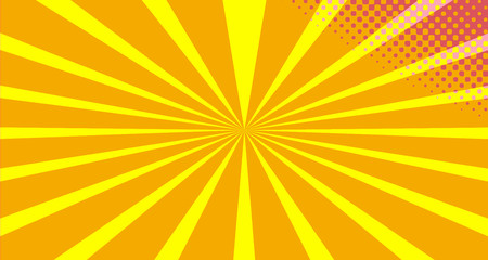 Fototapeta premium Vintage colorful comic book background. Orange Pink blank bubbles of different shapes. Rays, radial, halftone, dotted effects. For sale banner empty Place for text 1960s. Copy space vector eps10.