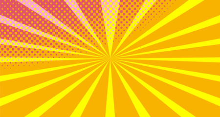 Fototapeta premium Vintage colorful comic book background. Orange Pink blank bubbles of different shapes. Rays, radial, halftone, dotted effects. For sale banner empty Place for text 1960s. Copy space vector eps10.