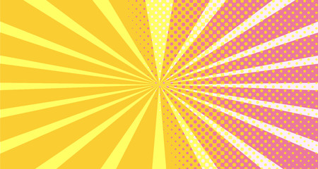Fototapeta premium Vintage colorful comic book background. Orange Pink blank bubbles of different shapes. Rays, radial, halftone, dotted effects. For sale banner empty Place for text 1960s. Copy space vector eps10.