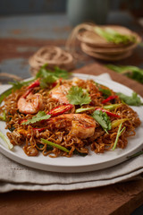 Stir fried noodles with shrimps and vegetables..