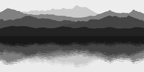 Black and white landscape. Picturesque reflection in the lake, mountains in the fog. Vector illustration.