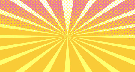 Fototapeta premium Vintage colorful comic book background. Orange Pink blank bubbles of different shapes. Rays, radial, halftone, dotted effects. For sale banner empty Place for text 1960s. Copy space vector eps10.