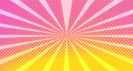 Fototapeta premium Vintage colorful comic book background. Orange Pink blank bubbles of different shapes. Rays, radial, halftone, dotted effects. For sale banner empty Place for text 1960s. Copy space vector eps10.