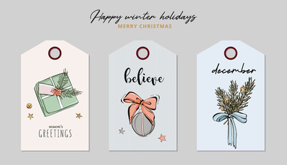 Christmas greeting tag set with gift, present, bauble, star and pine fir branches with bow sketch. Hand-drawn Xmas festive decoration, Happy New Year vintage , December quote typography illustration