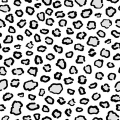 Snow leopard seamless pattern. Gray and black animal spots on white isolated background.