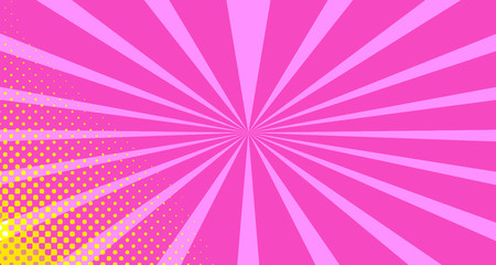 Obraz premium Vintage colorful comic book background. Orange Pink blank bubbles of different shapes. Rays, radial, halftone, dotted effects. For sale banner empty Place for text 1960s. Copy space vector eps10.