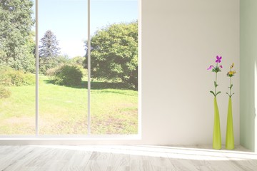 Stylish empty room in white color with summer landscape in window. Scandinavian interior design. 3D illustration