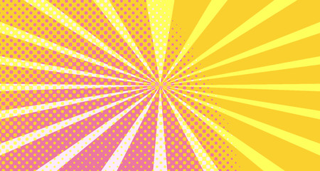 Vintage colorful comic book background. Orange Pink blank bubbles of different shapes. Rays, radial, halftone, dotted effects. For sale banner empty Place for text 1960s. Copy space vector eps10.