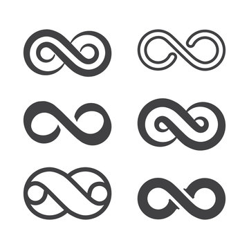 Infinity symbol. Vector logos set. Black contours of different shapes, thickness and style isolated on white. Symbol of repetition and unlimited cyclicity