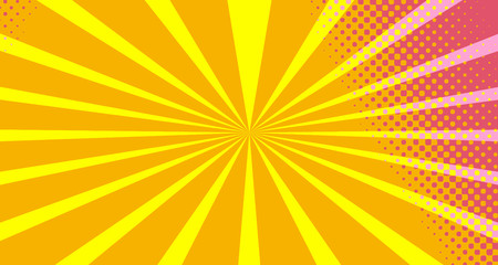 Fototapeta premium Vintage colorful comic book background. Orange Pink blank bubbles of different shapes. Rays, radial, halftone, dotted effects. For sale banner empty Place for text 1960s. Copy space vector eps10.