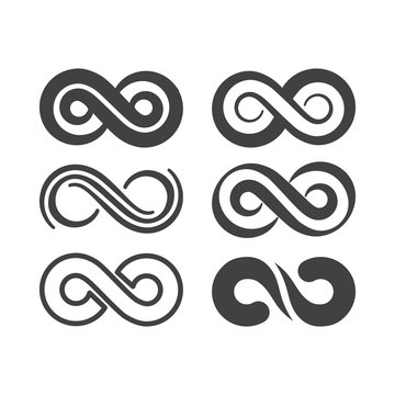 Infinity symbol. Vector logos set. Black contours of different shapes, thickness and style isolated on white. Symbol of repetition and unlimited cyclicity