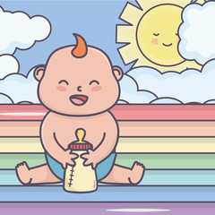 baby shower happy little boy with bottle rainbow sun clouds
