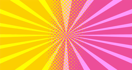 Fototapeta premium Vintage colorful comic book background. Orange Pink blank bubbles of different shapes. Rays, radial, halftone, dotted effects. For sale banner empty Place for text 1960s. Copy space vector eps10.
