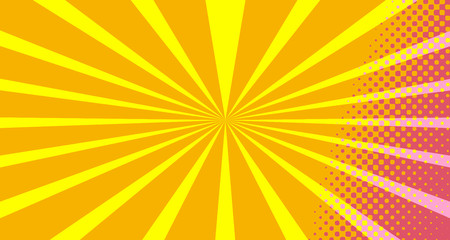 Fototapeta premium Vintage colorful comic book background. Orange Pink blank bubbles of different shapes. Rays, radial, halftone, dotted effects. For sale banner empty Place for text 1960s. Copy space vector eps10.