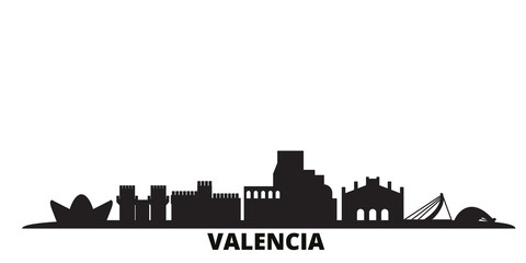 Spain, Valencia city skyline isolated vector illustration. Spain, Valencia travel cityscape with landmarks