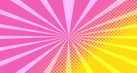 Fototapeta premium Vintage colorful comic book background. Orange Pink blank bubbles of different shapes. Rays, radial, halftone, dotted effects. For sale banner empty Place for text 1960s. Copy space vector eps10.