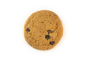 One round oatmeal cookie with chocolate on a white background.