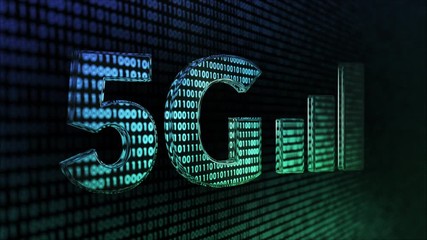 Animated 5G Concept with glassy lettering and a mobile phone signal graph and fast moving binary data background - Powered by Adobe