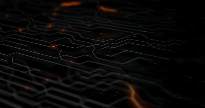 4K Motherboard Circuit Background. Virus detected over circuit board. Worm, cyber attack, antivirus, firewall alert and danger warning concept. Futuristic PCB. 3D render seamless loop