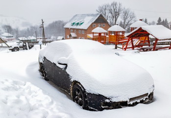 one car stuck in snowy, frost winter, snowfall cold weather in village