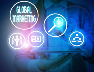 Writing note showing Global Marketing. Business concept for firm sells the same products to the global market