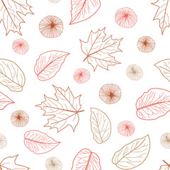 Vector repeat pattern with red and brown leaves and abstract apples on white background. Hand-drawn style. One of the 